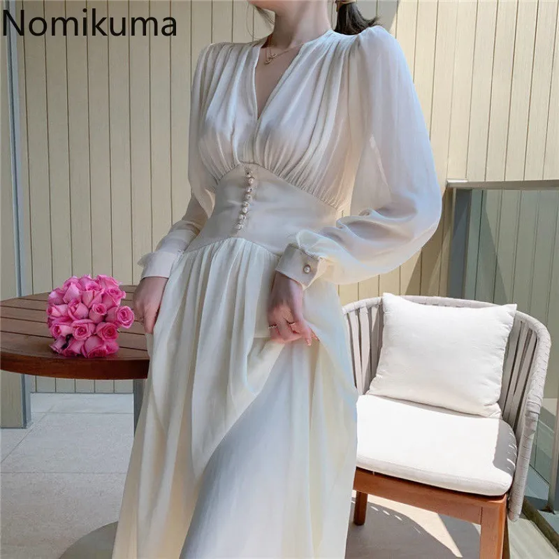 NoMikuma Элегантное платье Женщины V шеи с длинным рукавом Средний теленок платья женской тонкой талии Осенние Vestidos Femme Корейский стиль 3D323 210514