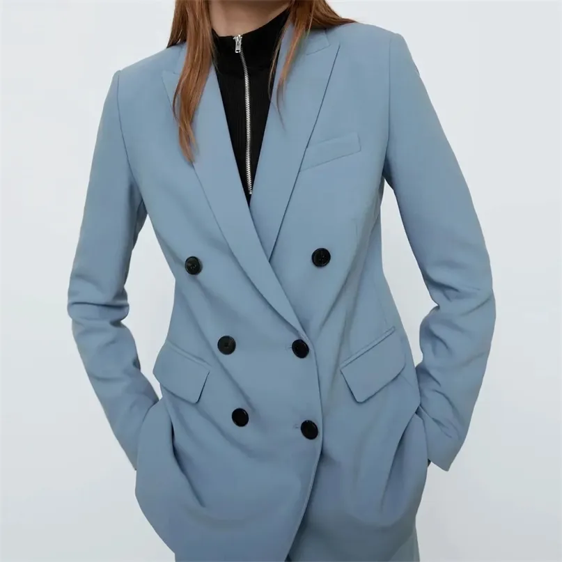 Printemps Femmes Mode revers Double Boutonnage Lâche Ajustement Blazer Manteau Vintage À Manches Longues Poches Femme Survêtement Chic Femm 211019