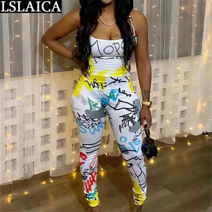 Rea Dam Jumpsuit Ärmlös Graffititryck Hög midja Sommar Plus Size Back Spets Jumpsuits för 210515