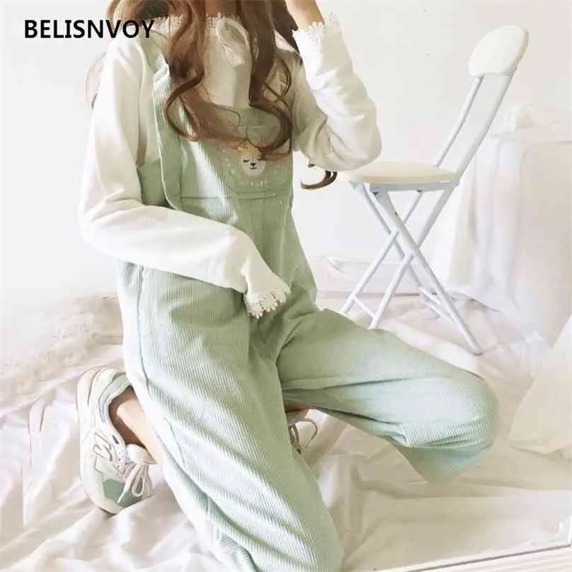 Jumpsuits Kvinnor Solid Enkel Ankellängd Streetwear Chic Kvinnor Casual Loose Cartoon Broderi Corduroy Suspenders Overaller 210520