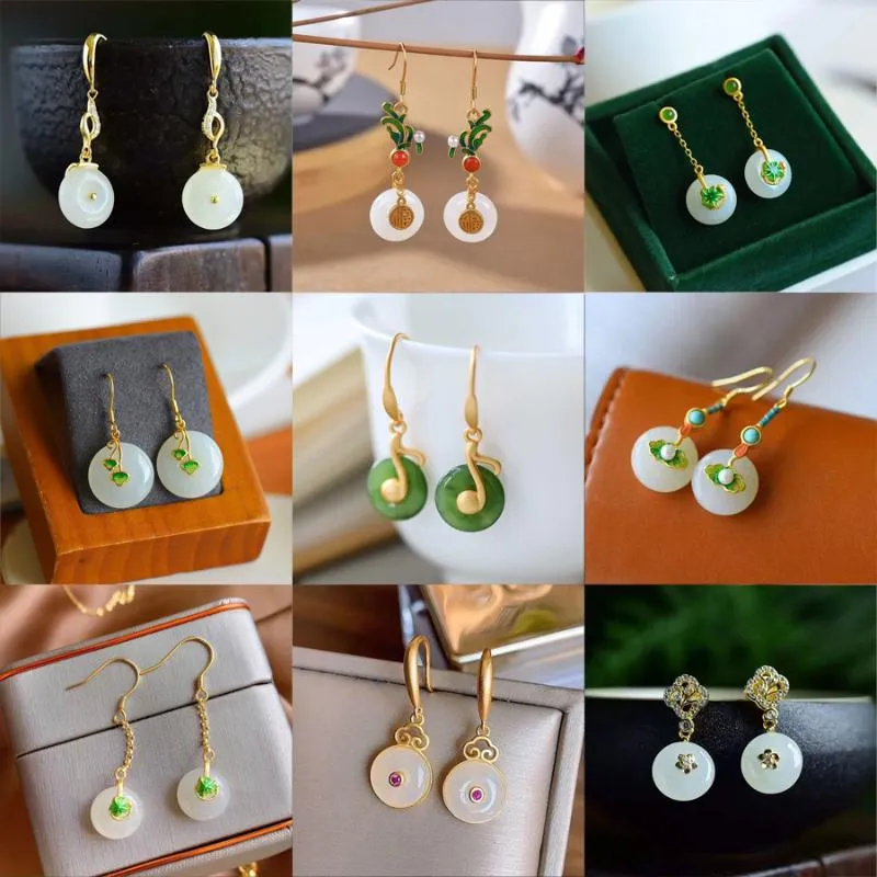 Designer Original Series Classique Naturel Hetian Jade Simple Ronde Boucles D'oreilles Style Chinois Charme Dames Bijoux En Argent Dangle Lustre