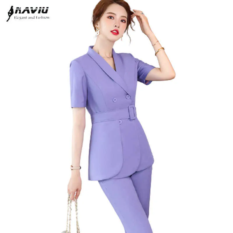 紫色のスーツの夏のビジネスフォーマルハイエンドの不規則な裾スリムブレザーとズボンオフィスレディースワークウェア210604
