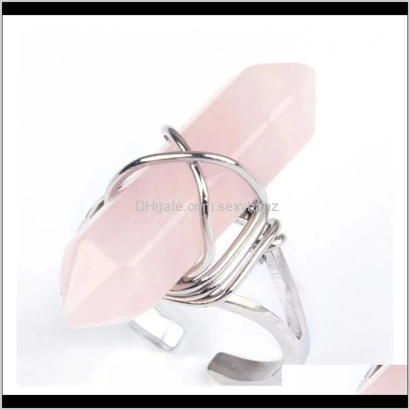 wire wrapped resizable hexagon column natural stone rings pink crystal finger rings for women party jewelry fashion fin qylvvi