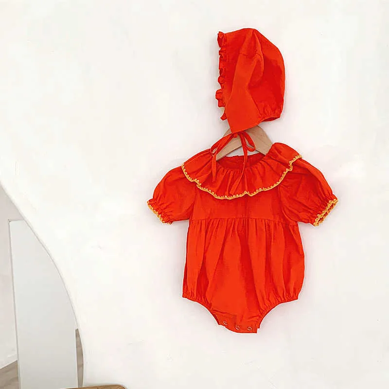 2 шт. Летние девочки девушки красный хлопок ползунки с шляпой младенческой кореи комбинезон дети рождения рождения рождения малыш боди 210615