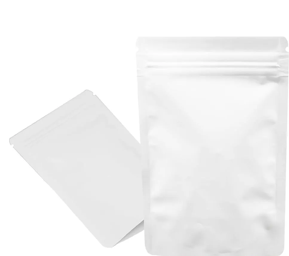 100ピースホワイトスタンド上の光沢のあるアルミホイルのジップリサイクル可能なパッキングバッグジッパー豆の粉の収納袋