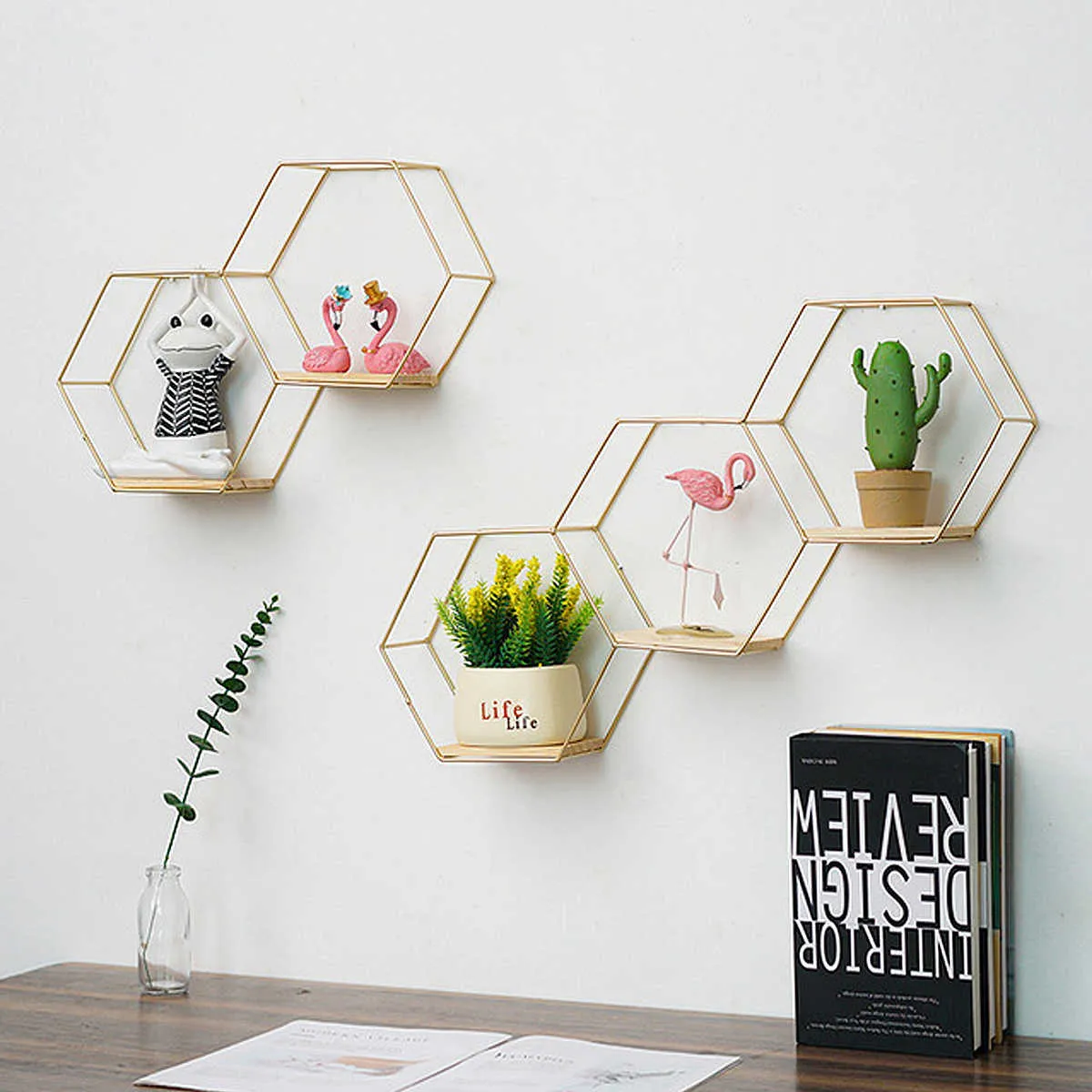 Black/Gold Nordic Style Double Hexagonal Iron Stand Small Pot Wall Holder Wall Shelf Wall Decoration Storage Holder Decror 210705