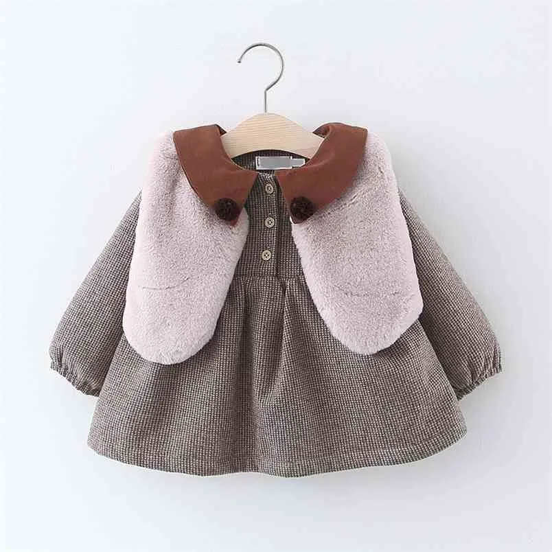 赤ちゃんの女の子冬の誕生日のドレス長袖の花柄プラスベルベットのドレス+毛皮ベスト2pcs幼児服衣装210528