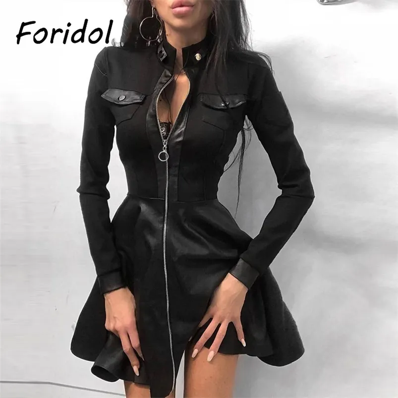 Donne a maniche lunghe con cerniera tasche design in pelle PU vestito nero elegante moda festa vestidos de mujer autunno inverno 210427