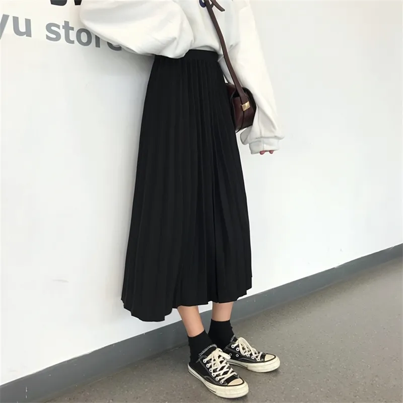 Fashion Women's High Waist Pleated Solid Color Length Elastic Skirt Promotions Lady Black creamy white Party Casual Skirts 210608