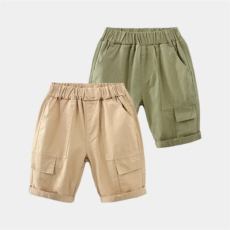 Summer 3 4 5 6 8 10 12 Years Children Clothing Solid Color Cotton Half Fifth Capris Pocket Cargo Shorts For Kids Baby Boys 210529