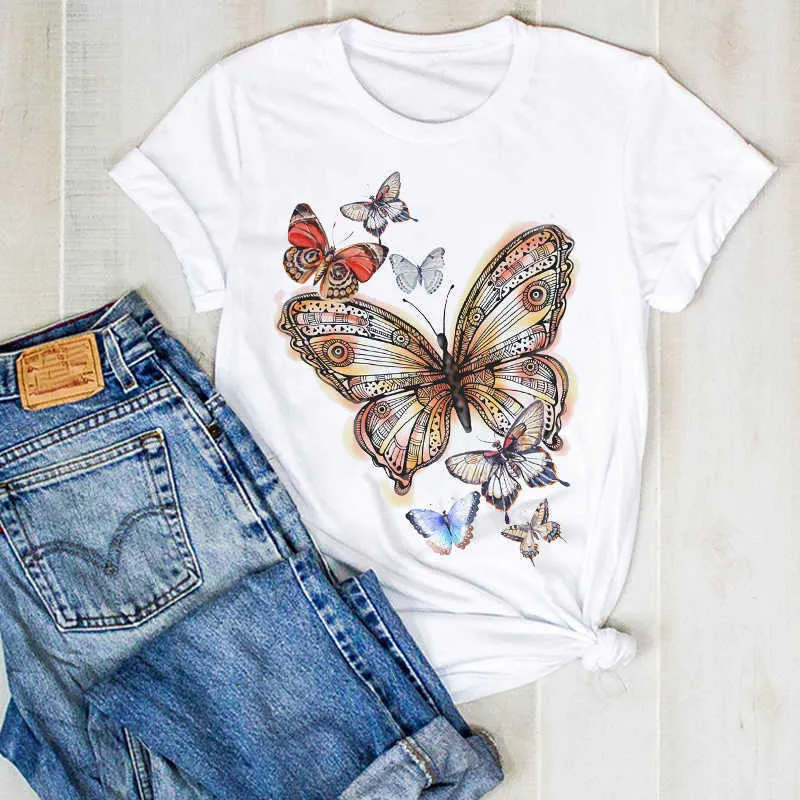 Donna Lady Summer Butterfly Cute Fashion 90s Print Ladies T Tee Tshirt Womens Female Top Shirt Abbigliamento Graphic Abbigliamento T-shirt X0527