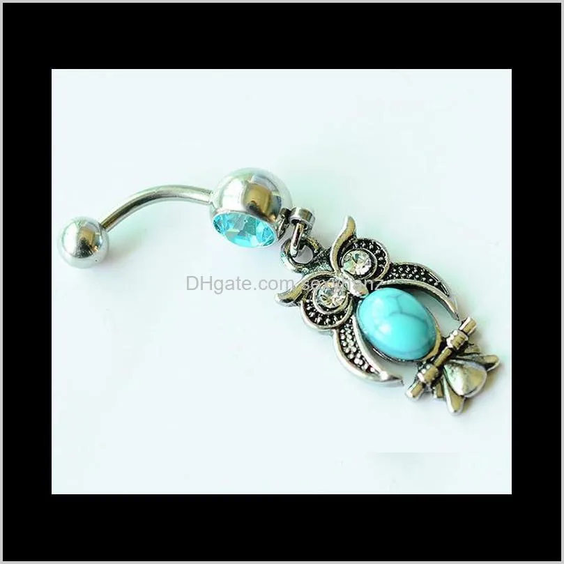 d0696 ( 1 color ) owl item aqua. color navel belly button ring piercing body jewlery 1.6*11*5/8 belly ring body jewelry