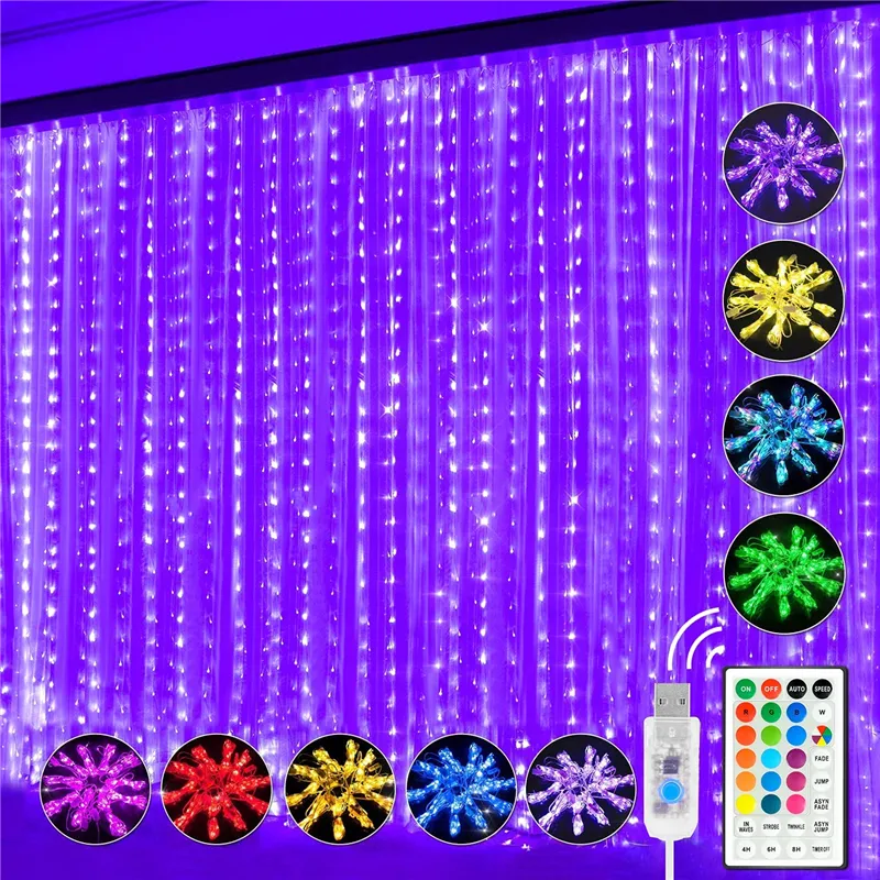 3 * 3m LED Strings Light 16 colori che cambiano luci per tende USB 7 modalità con lampada fata remota per camera da letto dormitorio finestra decorazioni per feste diurne