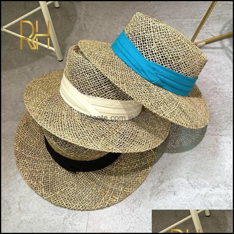 Cappelli a tesa larga Berretti Cappelli, Sciarpe Guanti Moda Aessories Viaggi Natural Seagrass Cappello piatto cavo Ladies Summer Porkpie Concavo Round Sun