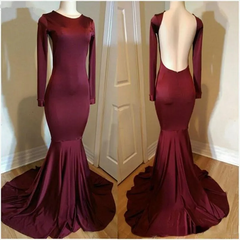 Vintage Burgundy Long Sleeves Prom Dresses Mermaid Sexy Backless Evening Dress Ruched Sweep Train Formal Celebrity Party Dresses 2022