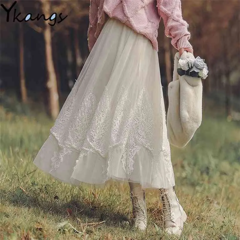 Lato Haft Mesh Tulle Plisowany Spódnica Kobiety Koreański Styl Moda Elastyczna Wysoka Talia Długi Vintage Czarny Midi 210421