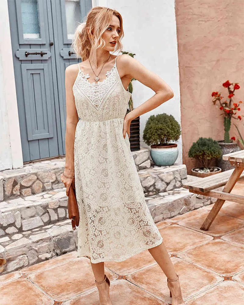 chinese dress ladies Spaghetti Strap Lace Boho Maxi Dress White / XL main image 1