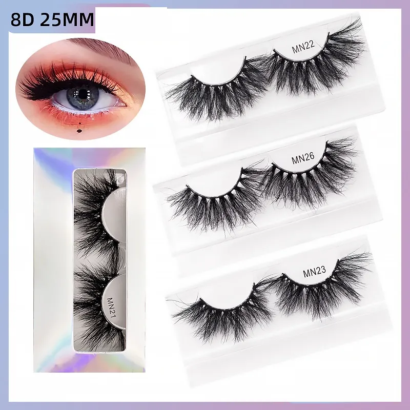 25-27mm 8d Mink Hair Eyelashes 9 stilar Fuzzy Curl False Eyelashes Soft Extension Makeup med laser silverlåda