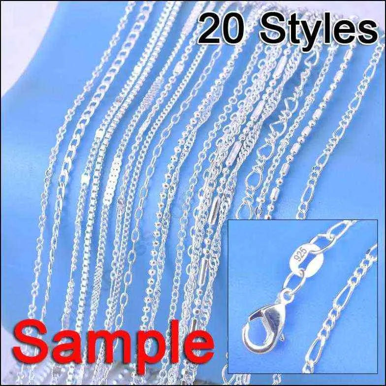 Ordem da amostra de jóias 20pcs misture 20 estilos 18 "Genuine 925 Sterling Silver Link Colar Conjunto de Colares + Lagosta Clasps 925 Tag 211124