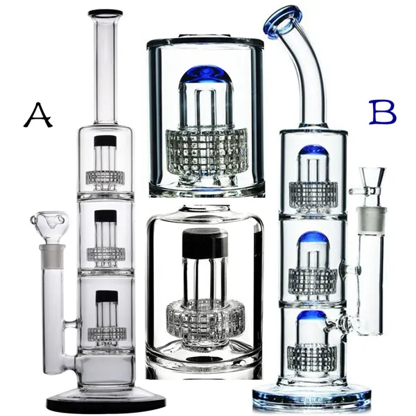 13 inch 15 inch Height Smoking Hookah Blue Black Big Triple Chamber Matrix Glass Water Bongs Dab Rigs Bubbler with Bowl