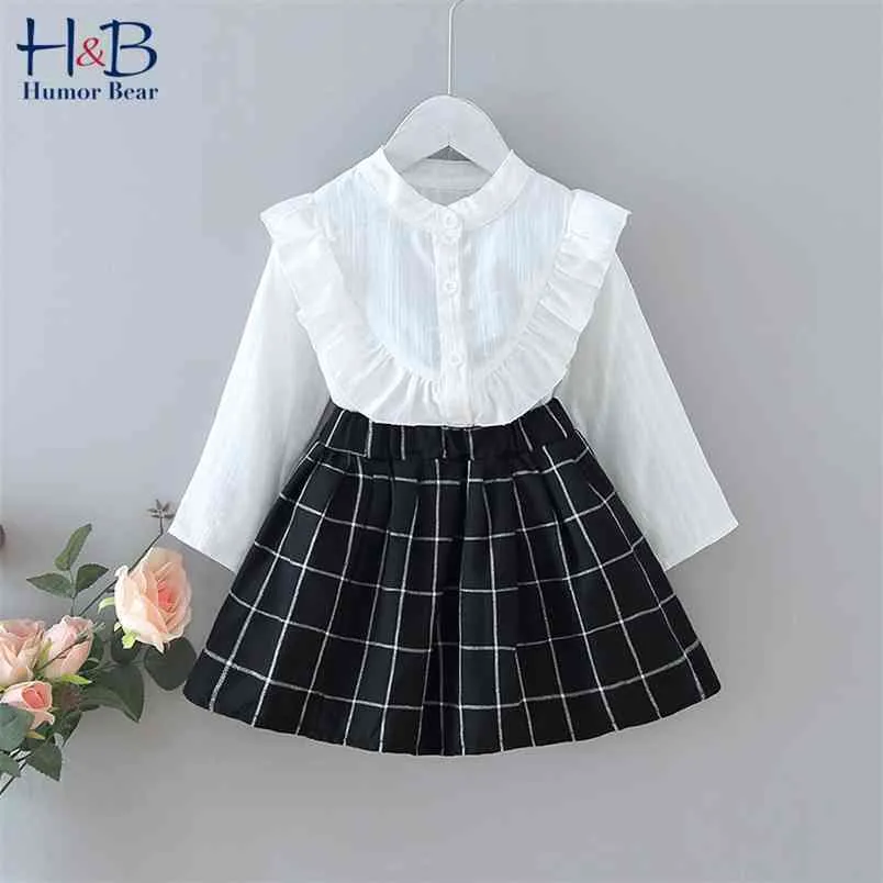 Meisjes kleding sets lente en herfst baby mode ruches shirt + zwart wit plaid rok 2 stks kids pak 210611