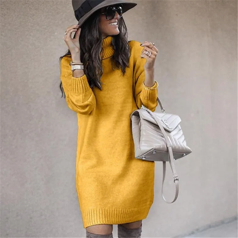 Kvinnors tr￶jor Turtleneck l￥ng￤rmad tr￶ja kl￤nning kvinnor 2021 Autumn Winter Loose Tunic Knit Pullovers Casual Sticked Dresses 6 Color