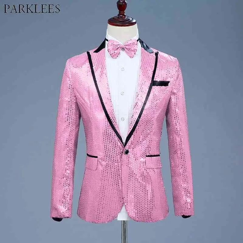 Lantejoulas cor-de-rosa um Botão Botão Blazers Marca NightClub Prom Homens Terno Jaqueta Estágio Casamento Cantor Costume (Bowtie incluem) 210522