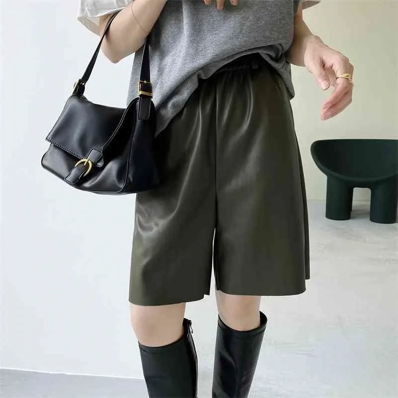 Pu leather shorts women's five-point pants autumn high-waisted thin outer wear straight 210416