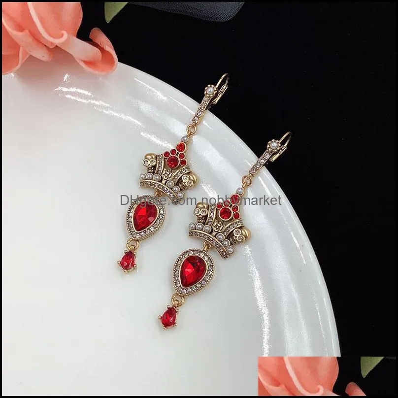 Crown Eardrop for Women Night Club Party Ladies Charm Luxury Red Rhinestone Ladies Earrings