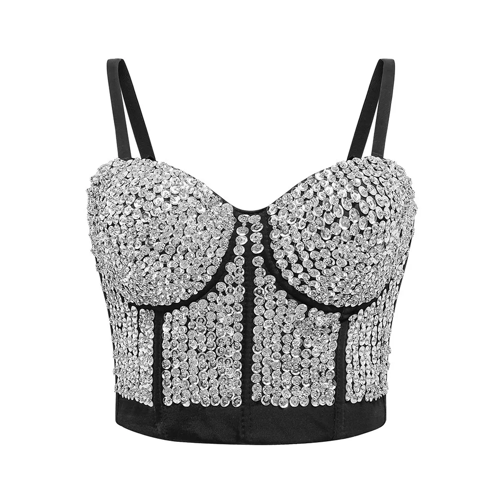 Black & Silver-toned Embellished Sequined Crop Top at Rs 299.00