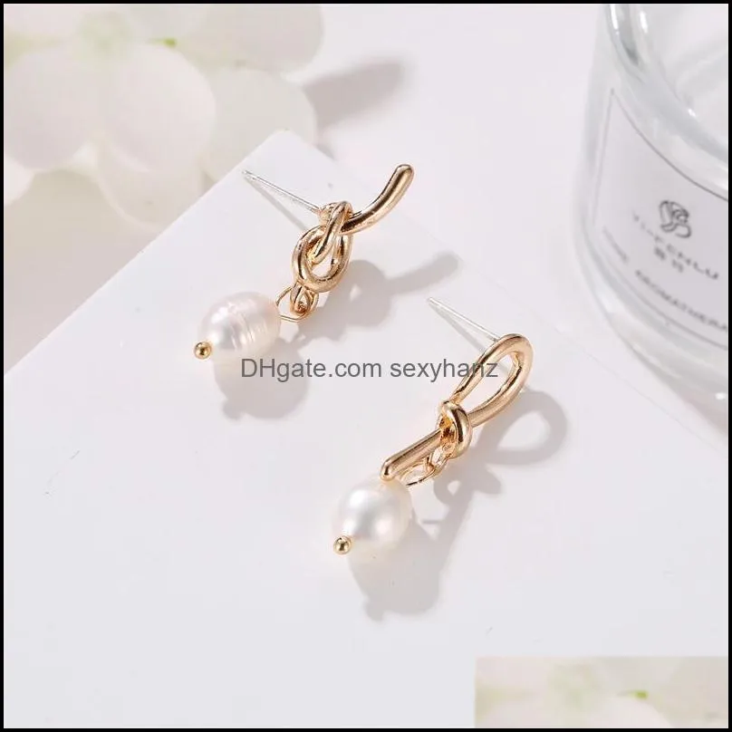 Yamog Asymmetrical Knot Pearl Stud Earrings Women Business Style Alloy Ear Drop Korean Party Daily Dress Up Earring Jewelry Ornaments Accessories KC