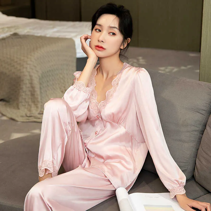Silkeslen satin pyjamas för kvinnor sexig v nacke spets krage nattkläder kostym härliga damer loungwear vår korea sleepwear pijama mujer q0706