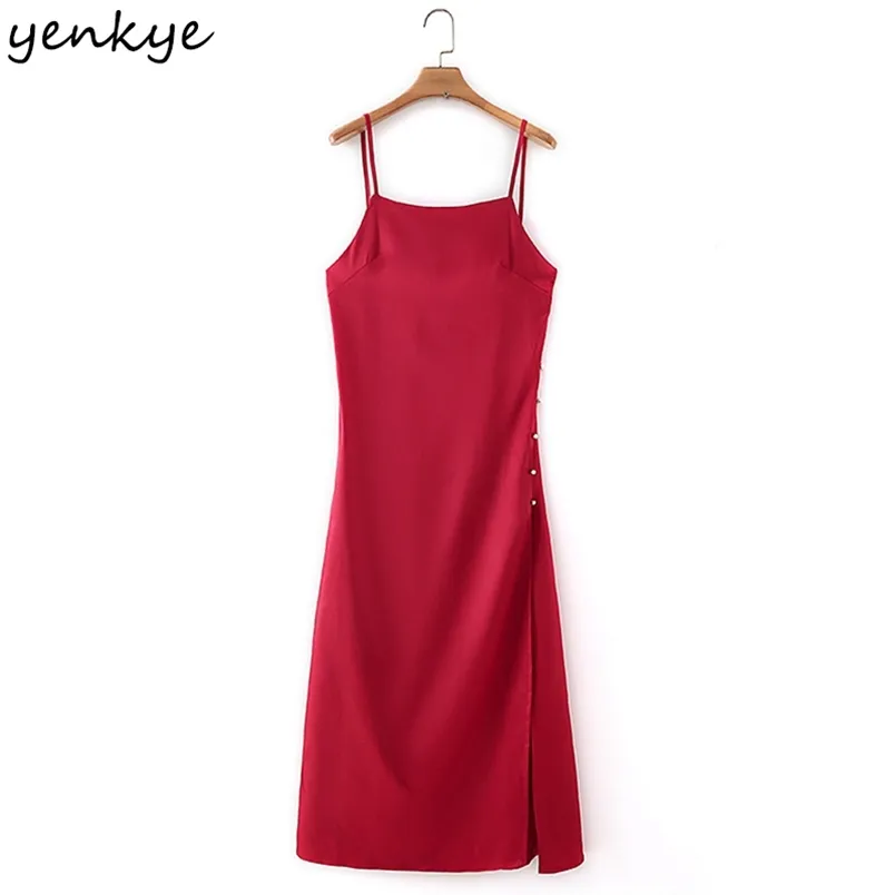 Moda Mulheres Vermelho Setin Sling Sexy Dress Romântico Backless Manger Sem Mangas Slits Summer Long Night Out Vestido 210514