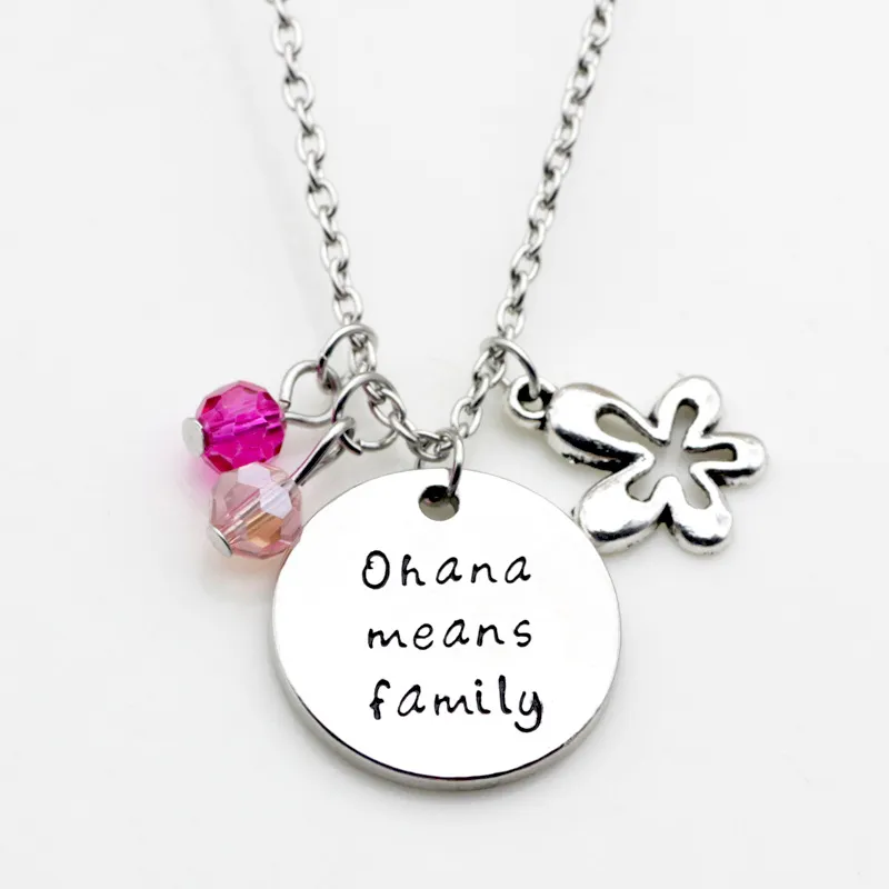 Silver Metal Color Crystal Beads Fashion Necklace Jewelry Ohana means family Letter Necklace Jewelry