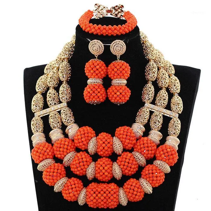 Brincos Colar Laranja Coral Beads Pingente Jóias Africano Jóias Conjunto Dubai Gold Nigéria Noiva Handmade NCL132