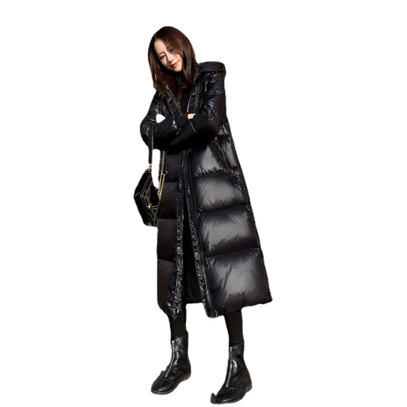 Черная глянцевая парка Parka Party Party женская 2021 мода утолщение зима с капюшоном свободная длинная куртка женский ветрозащитный дождепроводный тепловый