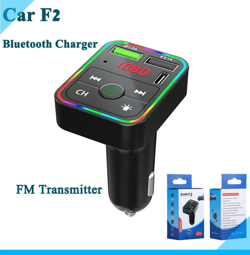 F2 FM Car Charger BT5.0 Sändare Dual USB Fast Charging PD Type C Ports Handsfree Audio Mottagare Auto Mp3 Player för iPhone Charger 15 14 13 Pro Max Samsung Cellphones