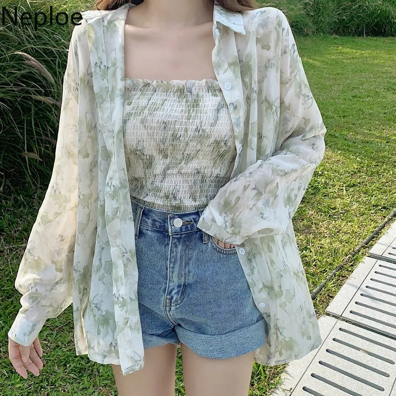 Neploe Summer Camisas Mujer Fashion Korean Suit Loose Print Shirt Pleated Ruffles Sling Crop Tops Femme Roupas 2 Piece Set Women 210422