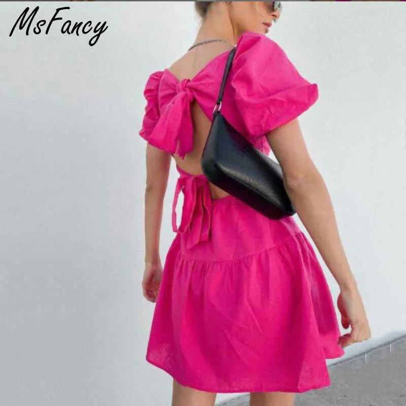 Msfancy Summer Backless Bandage Mini Dress Women Square Collar Short Puff Sleeve Vestido De Mujer Elegant Robes 210604