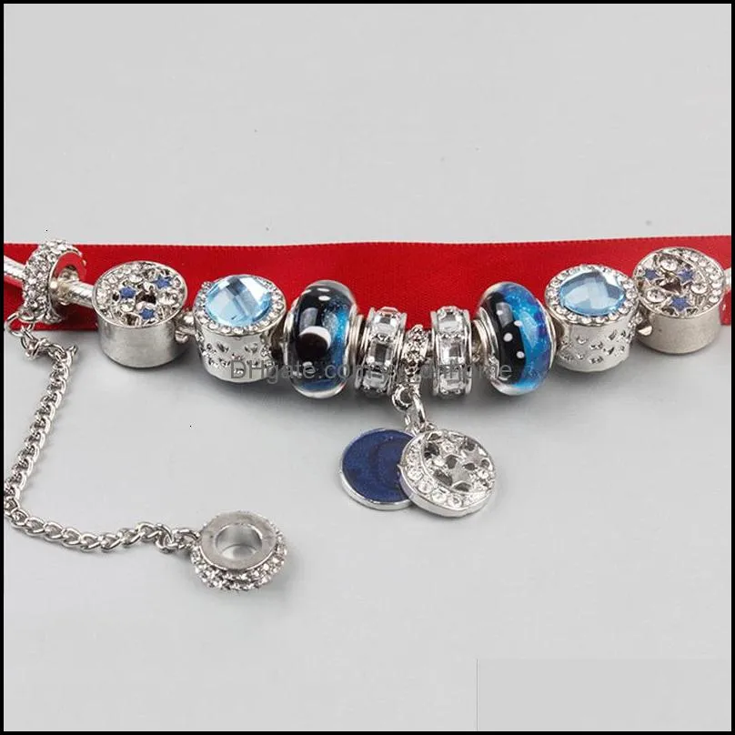 Designer Pan`s New Bracelet Blue Starry Sky Glass Bead Bracelet High Fashion Pandorara Pull Bracelet High Jewelry Lady Bangles Women