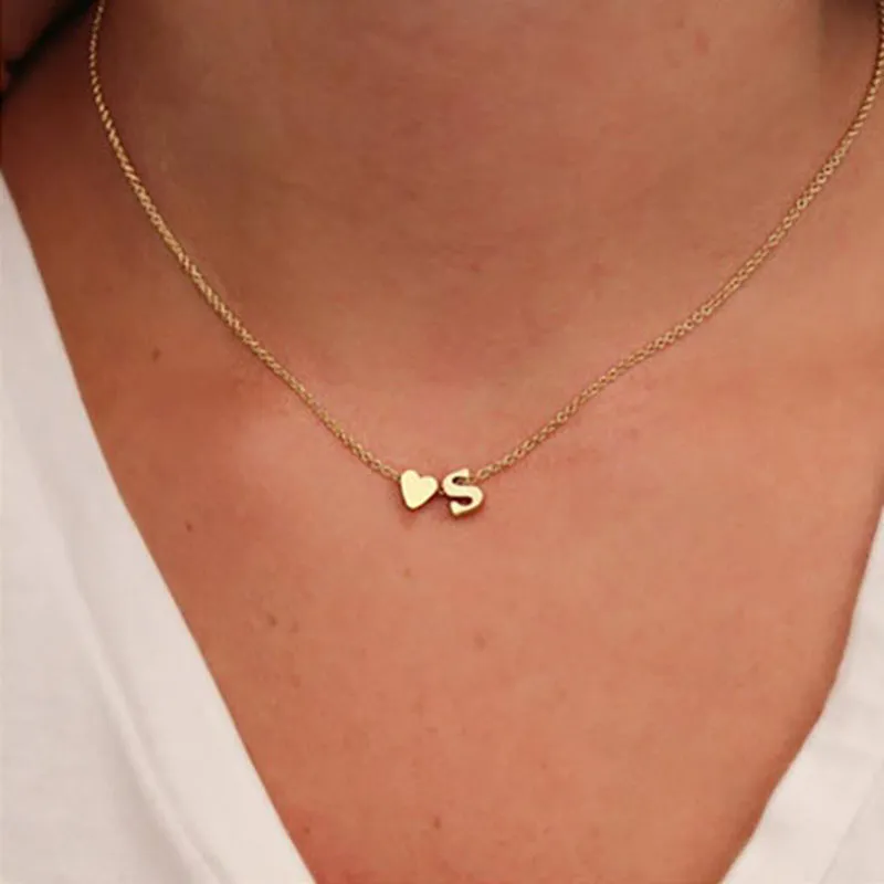 Fashion Tiny Heart Dainty Initial Necklaces Golden Silver Color Letter Name Choker Necklace For Women Pendant Jewelry Gift
