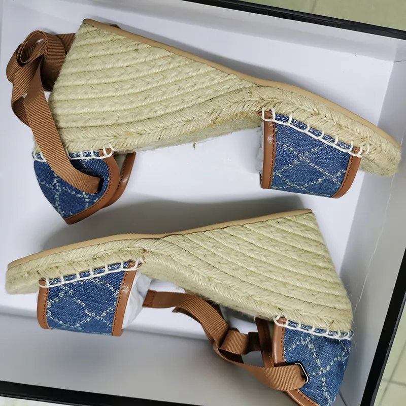 여성 가죽 엿봄 발가락 웨지 샌들 플랫폼 Espadrille MateLassé 샌들 패션 Grosgrain 코드 Calfskin Canvas Thunky Heels Designer 신발 6 색