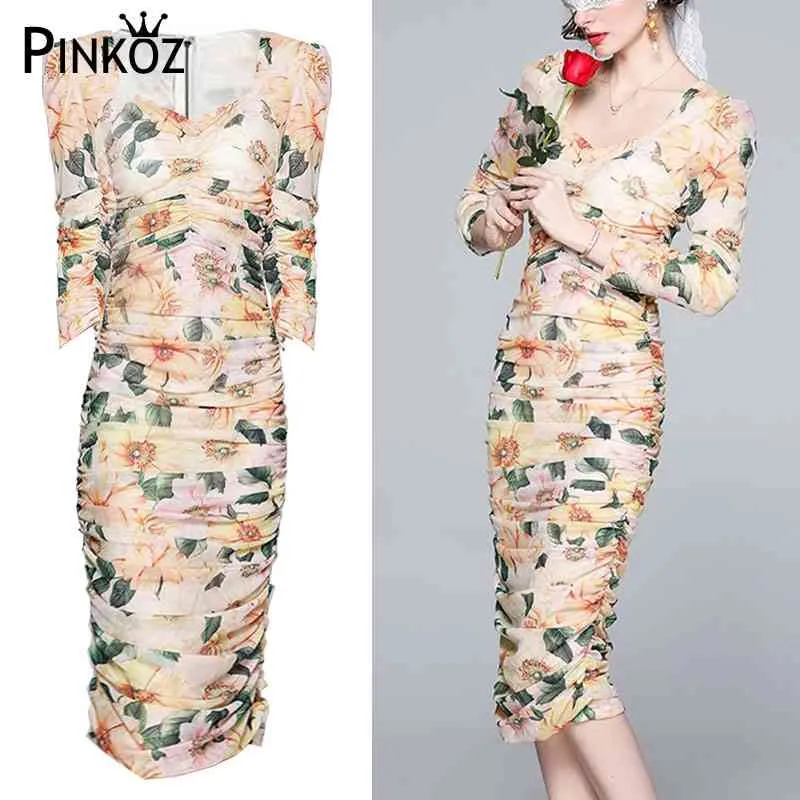 Projektant mody Wiosna Jesień Damska Dress Rose Floral-Print Slim Sukienki Square Collar Yellow Bodycon Robe 210421