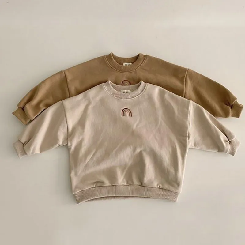 Baby kläder höst tjejer regnbåge broderi sweatshirts toppar barn långärmad t-shirt toddler pojkar avslappnad tröja 210515