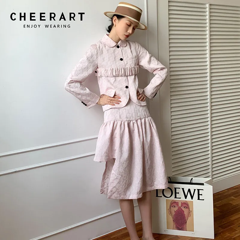 Pink Texture Jacket Women Peter Pan Collar Ladies Button Up Coats And Jackets Korean Outerwear Fashion Desinger 210427