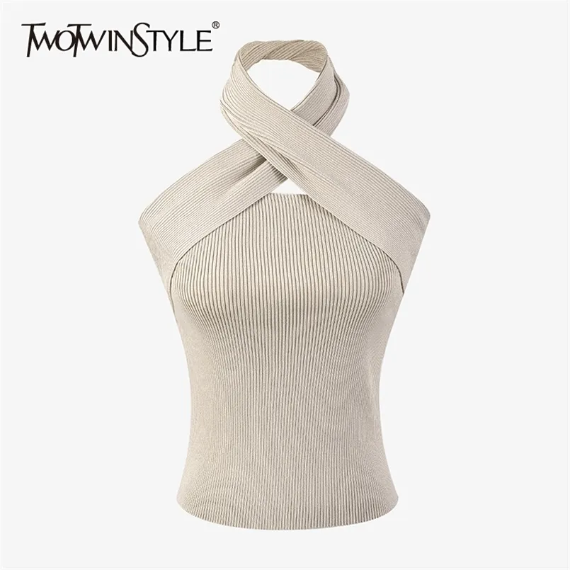 Backless Cross Sweater For Women Irregular Collar Sleeveless Sexy Knitted Slim Tops Female Fashion Clothing 210524