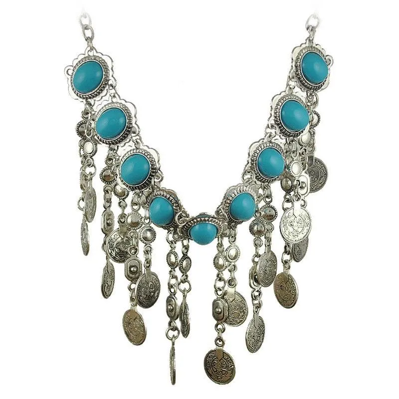 Böhmen Blue Resin Pärlor Gems Dangle Coin Statement Halsband Turkiska Gypsy Etniska Tribal Belly Dance Smycken