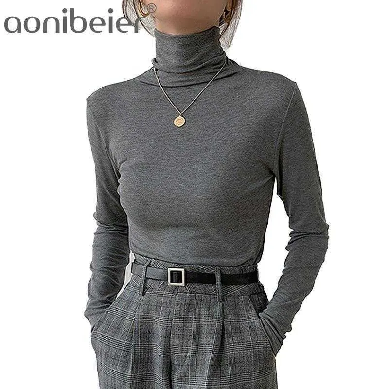 Ribber Stickad Turtleneck Top Kvinnor Vår Casual Långärmad T-shirt Skinny Höst Vinter Slim Tee Lady Sweaters 210604