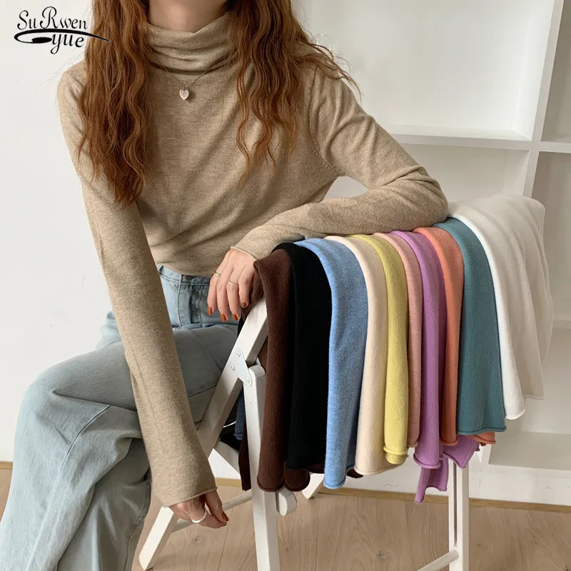 Heap Collar Pullover Basic Bottoming Knitwear Women Knitted Cotton Sweater Femme Jumper Solid Office Lady Clothes 11539 210521