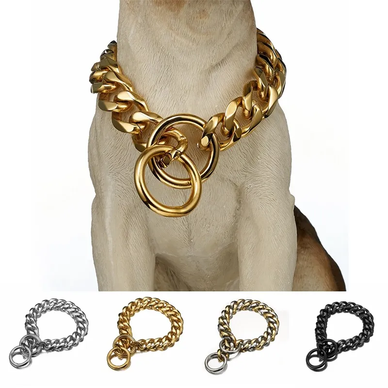 15mm Rvs Dog Chain Metal Training Pet Collars Dikte Gouden Zilver Slip Honden Kraag voor Grote Honden Pitbull Bulldog 1436 V2